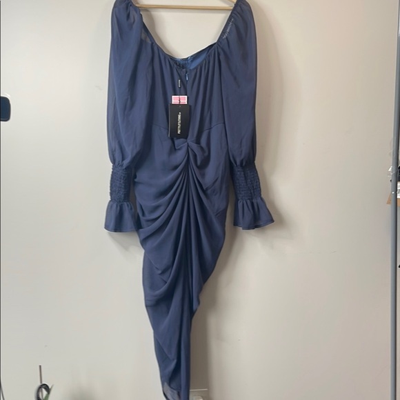 PrettyLittleThing Blue Asymmetrical Ruched Wrap Gown - Picture 9 of 12